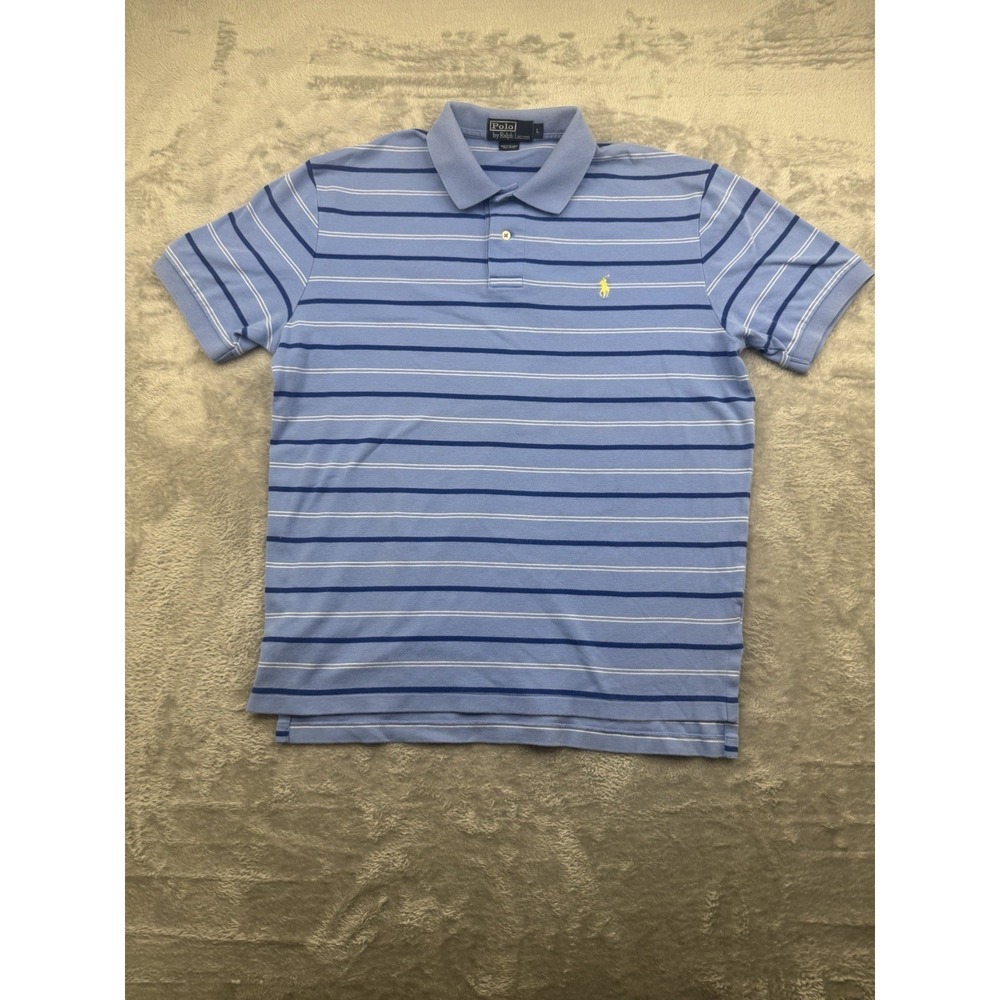 Polo Ralph Lauren Mens L Blue Striped Polo Shirt Yellow Pony Short Sleeve - Picture 2 of 14